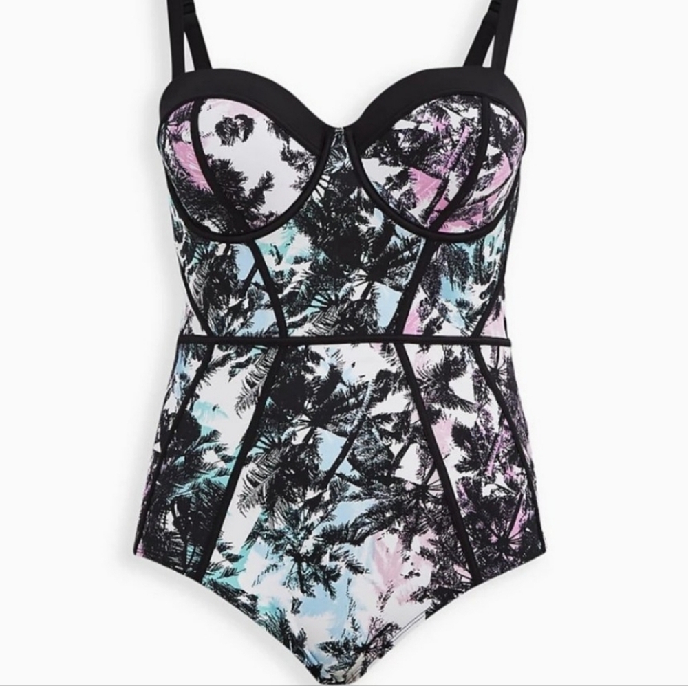 Torrid Palm Print One-Piece Swimsuit - Black and Pink